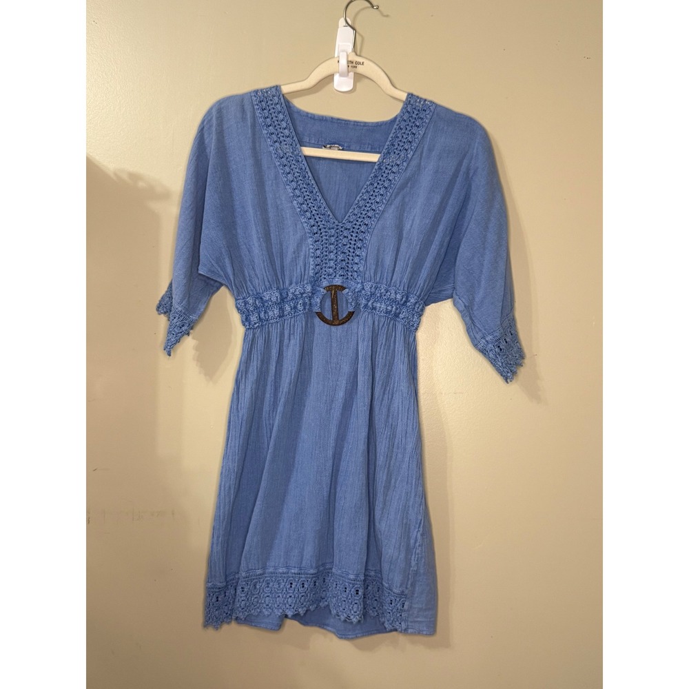 Blanco by Nature Blue Gauze Crochet Trim Empire Waist Boho Mini Dress Small